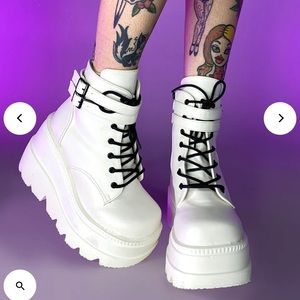 Demonia White Stacked Wedge Platform Ankle Boots